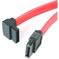 Red StarTech.com 12in SATA cable with black left angle connector and straight connector