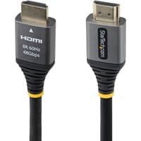 Black StarTech.com 1ft HDMI cable with silver connectors, labeled 8K 60Hz, 48Gbps, and yellow accents.