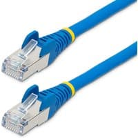 Blue StarTech.com 1m CAT6a Ethernet cable with metal connectors and yellow strain relief, low smoke zero halogen.