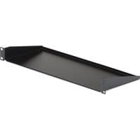 Black StarTech.com 1U server rack shelf with cantilever design and mounting brackets on each side.