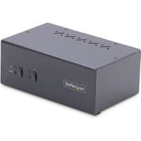 Black StarTech.com KVM switch with dual-monitor DisplayPort, 4 USB ports, hotkey buttons, and StarTech logo.