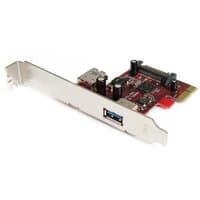 PCI Express card with two USB 3.0 ports, red circuit board, silver bracket, and black capacitors.