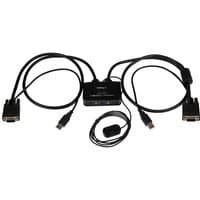 Black StarTech 2 Port USB VGA KVM Switch with attached cables and remote switch, compact design.
