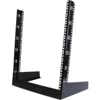 Black StarTech.com 2-Post 12U desktop server rack with open frame and adjustable mounting holes.