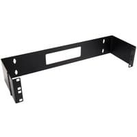 Black 2U 19-inch hinged wall mount bracket with rectangular cutout and multiple mounting holes for patch panels.