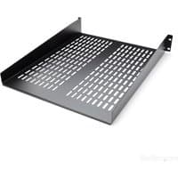 Black StarTech.com 2U server rack shelf with vented design and cantilever mount, featuring a durable metal construction.