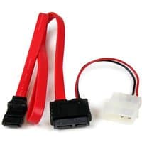 Red Slimline SATA to SATA cable with black connectors and white LP4 power adapter.