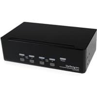 Black StarTech 4 Port Dual DVI USB KVM Switch with audio, featuring front panel buttons and StarTech.com logo.