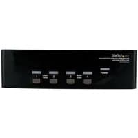 Black StarTech 4 Port KVM Switch with USB hub, labeled buttons for switching, sleek rectangular design.