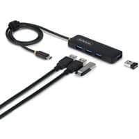 Black StarTech.com 4-Port USB-C hub with 2ft cable, 4 USB-A ports, compact design, bus powered, made from PCR plastic.