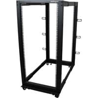 Black StarTech.com 4-Post 25U mobile open frame server rack with casters and cable management hooks.