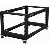 Black StarTech.com 4-post 8U mobile open frame server rack with casters and adjustable mounting rails.
