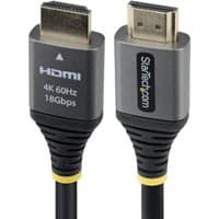 Black StarTech.com HDMI cable with gold-plated connectors, 4K 60Hz, 18Gbps, 5ft length, gray casing.