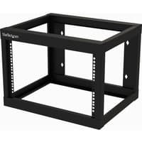 Black StarTech.com 6U wall mount network rack, 19" deep, open frame with two vertical posts and square mounting holes.