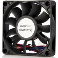 Black StarTech.com 70x15mm computer case fan with ball bearing, TX3 connector, and multicolored wires.
