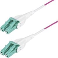 Aqua LC to LC connectors on a purple 7m OM4 multimode fiber optic cable with white strain relief boots.