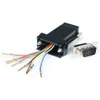 Black StarTech.com DB9 to RJ45 adapter, M/F, with exposed multicolored wires and silver connector.