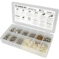StarTech.com PC Screw Kit with assorted screws, nuts, and standoffs in a clear plastic organizer box.