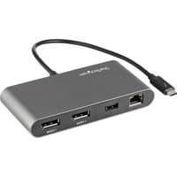 Gray StarTech.com dual-monitor Thunderbolt mini dock with 4K 60Hz DisplayPort, USB, and Ethernet ports.