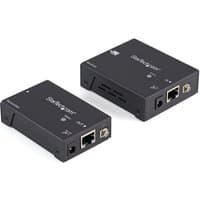 Black StarTech.com HDMI over CAT5e HDBaseT Extender with ports and ventilation slots, compact rectangular design.