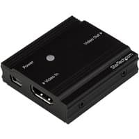 Black StarTech.com HDMI Signal Booster with labeled ports for Video In, Video Out, and Power on a compact rectangular design.