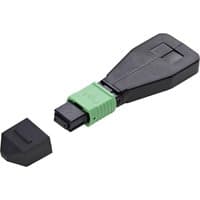Black and green StarTech.com fiber cable tester with detachable cap and rectangular connector.