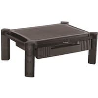 Black StarTech.com monitor riser with adjustable legs and built-in drawer for storage.