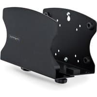 Black StarTech.com PC wall mount bracket with tool-less adjustments, curved edges, and multiple screw holes.
