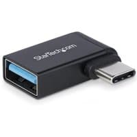 Right angled USB-C to USB-A adapter, black metal housing, compact design, USB 5Gbps, StarTech.com branding.