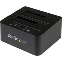 Black StarTech.com dual bay HDD/SSD cloner with USB 3.1 and SATA III ports, featuring LED indicators.