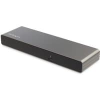 Black rectangular Thunderbolt 3 docking station with multiple ports, including USB-A, DisplayPort, HDMI, and Ethernet.