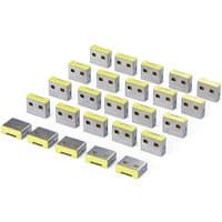 Gray and yellow USB-A port blocker replacement plugs, 25-pack, rectangular shape with two holes on each plug.
