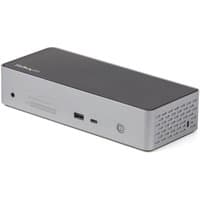 Black and gray StarTech.com USB-C dock with multiple ports, including USB-C, USB-A, Ethernet, and audio connections.