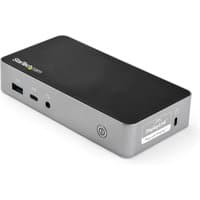 Black and silver StarTech.com USB-C docking station with HDMI ports, USB-C, USB-A ports, and Ethernet connection.
