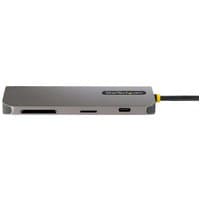 Gray StarTech.com USB-C multiport adapter with HDMI, USB-A ports, SD slots, and 12" cable, compact design.
