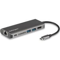 Gray StarTech.com USB-C multiport adapter with HDMI, USB 3.0 ports, SD slot, Ethernet, and 60W PD pass-through.