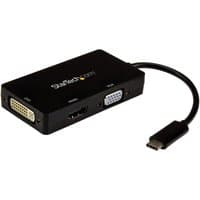 Black StarTech.com USB-C multiport adapter with HDMI, VGA, and DVI ports, compact design, short cable.