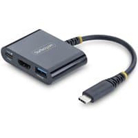 Black StarTech.com USB-C to HDMI adapter with 140W PD charging, 4K support, USB-A, and USB-C ports.