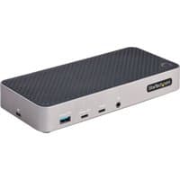 Black and silver StarTech.com USB-C docking station with multiple ports and textured top surface.