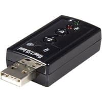 Black StarTech.com USB stereo audio adapter with three control buttons and LED indicators.