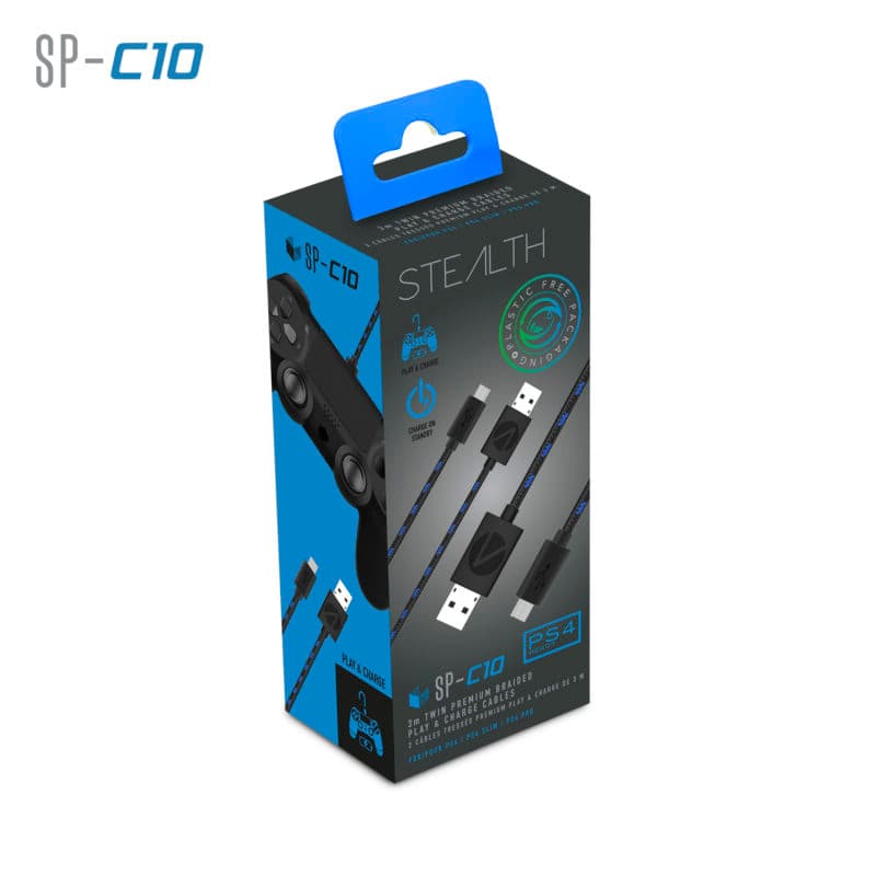 Black packaging with blue accents featuring the Stealth logo, showcasing two 3-meter PlayStation 4 charging cables with USB connectors and a controller icon.