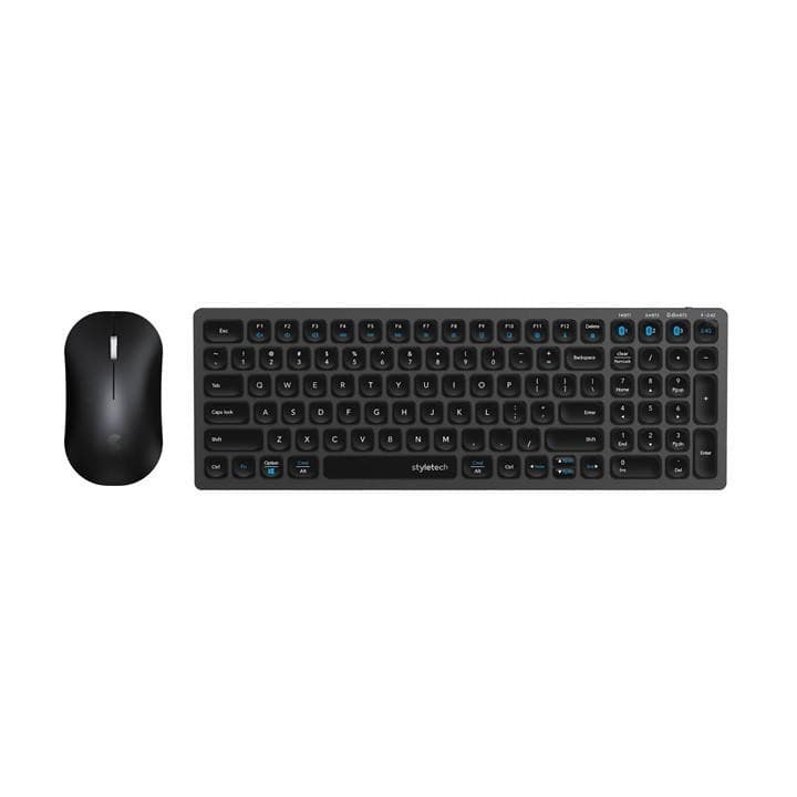 Black wireless keyboard and mouse set featuring a sleek design, low-profile keys, and blue backlighting for easy visibility in low light.