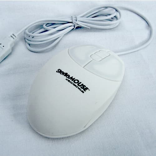 White, ergonomic mouse with a smooth surface, featuring a single button and a scroll wheel, connected by a white cable, labeled "SterileFLAT Hypertec RAS Admor Mouse."