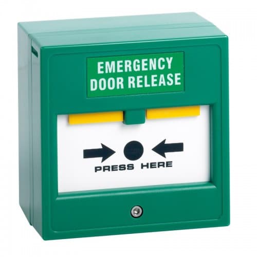 Green plastic exit button with a white panel, featuring "EMERGENCY DOOR RELEASE" in bold text, a yellow lever, and an arrow indicator, designed for easy pressing.