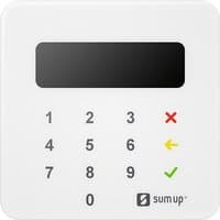 White SumUp Air smart card reader with black screen, numeric keypad, and colored function buttons.