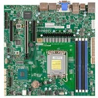 Green Supermicro micro ATX motherboard with multiple slots, ports, and blue RAM slots.