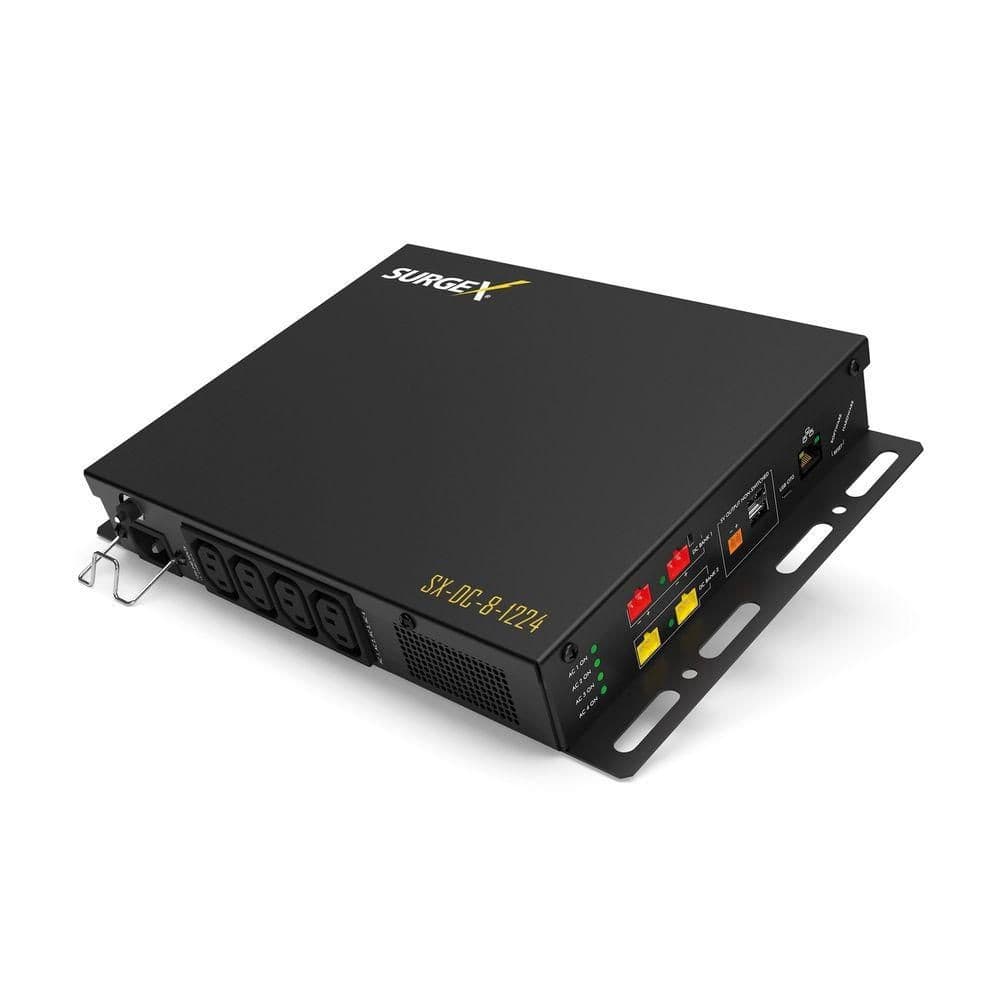Black SurgeX SX-DC-8-1224-230 power conditioner featuring multiple AC outlets, LED indicators, and a sturdy metal casing with a mounting bracket.