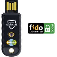 Black Swissbit iShield Key 1.1 Pro MIFARE USB with FIDO2 certification and LED indicator.