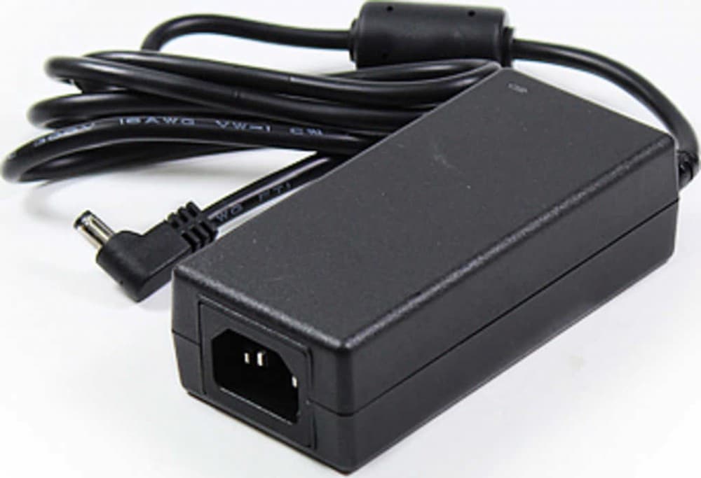 Black Synology 60W power adapter with a rectangular body, featuring a power input socket and a coiled black cable for indoor use.