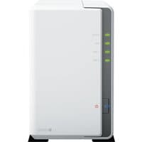 White Synology DiskStation DS223J NAS with vertical LED indicators and front panel logo.